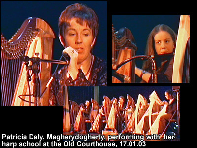 Photo of Patricia Daly and her harp school in 2003.
