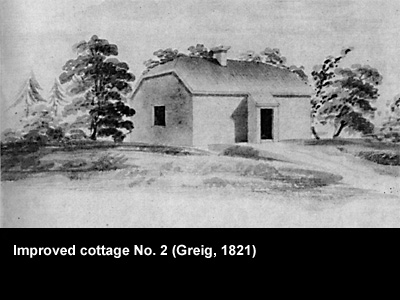Illustration of a cottage by Greig in 1821. Crown copyright.