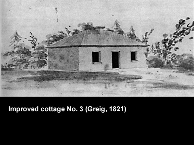 Illustration of a cottage by Greig in 1821. Crown copyright.